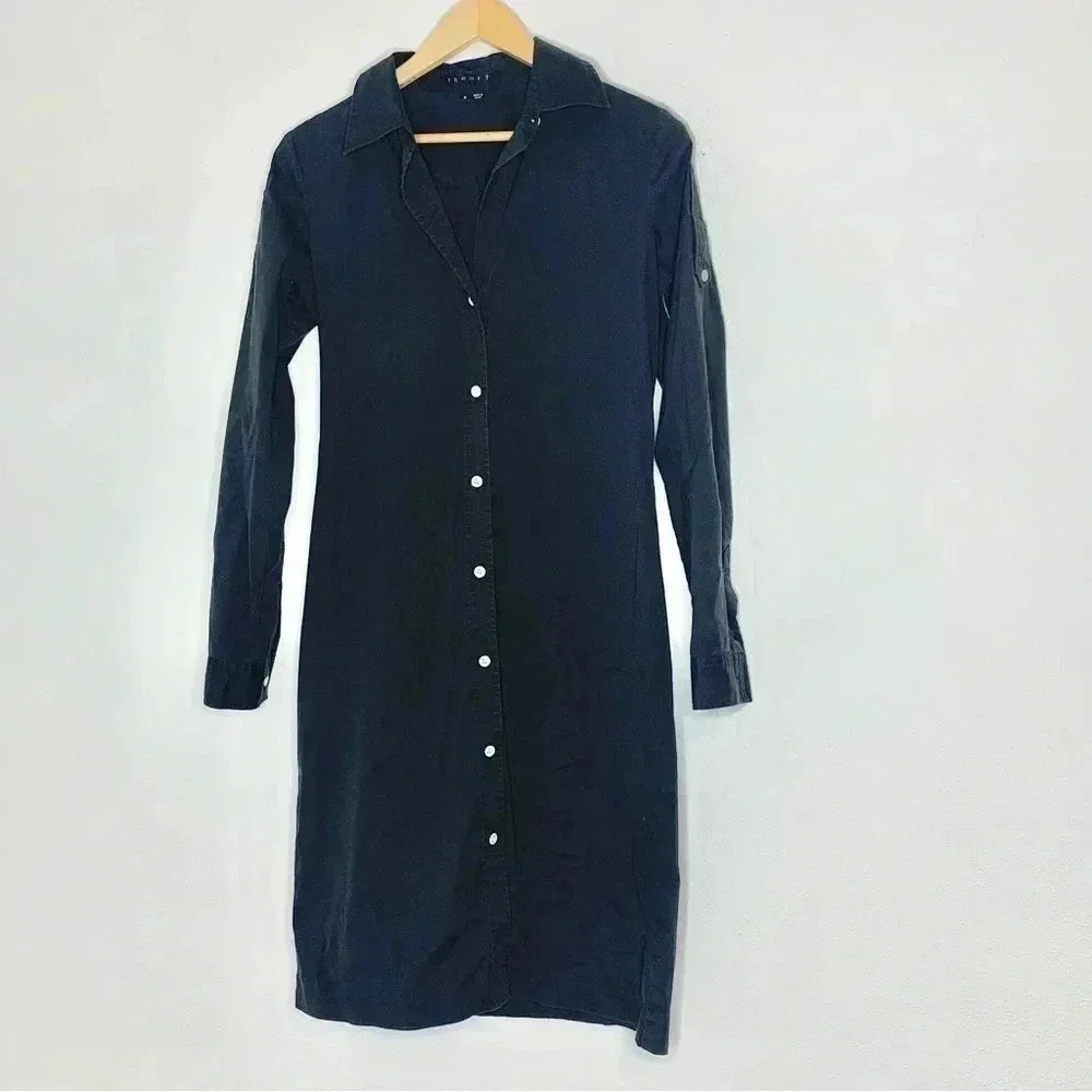 Theory black collared midi shirt dress long sleeve sz 6 - Picture 4 of 10